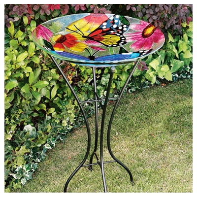 Gerson 2066210 Birdbath, Butterflies & Flowers, Glass With Metal Stand, 26.5-In. by Gerson