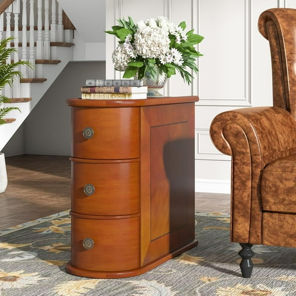 Finmind Wood End Table, 2-Drawer Slim Side Table, No Assembly Required, Finished Back, Walnut