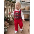 thumbnail image 5 of Cjfdfy Toddler Baby Boy Christmas Gentleman Outfit Button Long Sleeve Shirt With Bow Tie And Plaid Vest Elastic Pants 3Pcs Kids Cute My First Christmas Fall Winter Formal Outfits 6M-8Y, 5 of 9