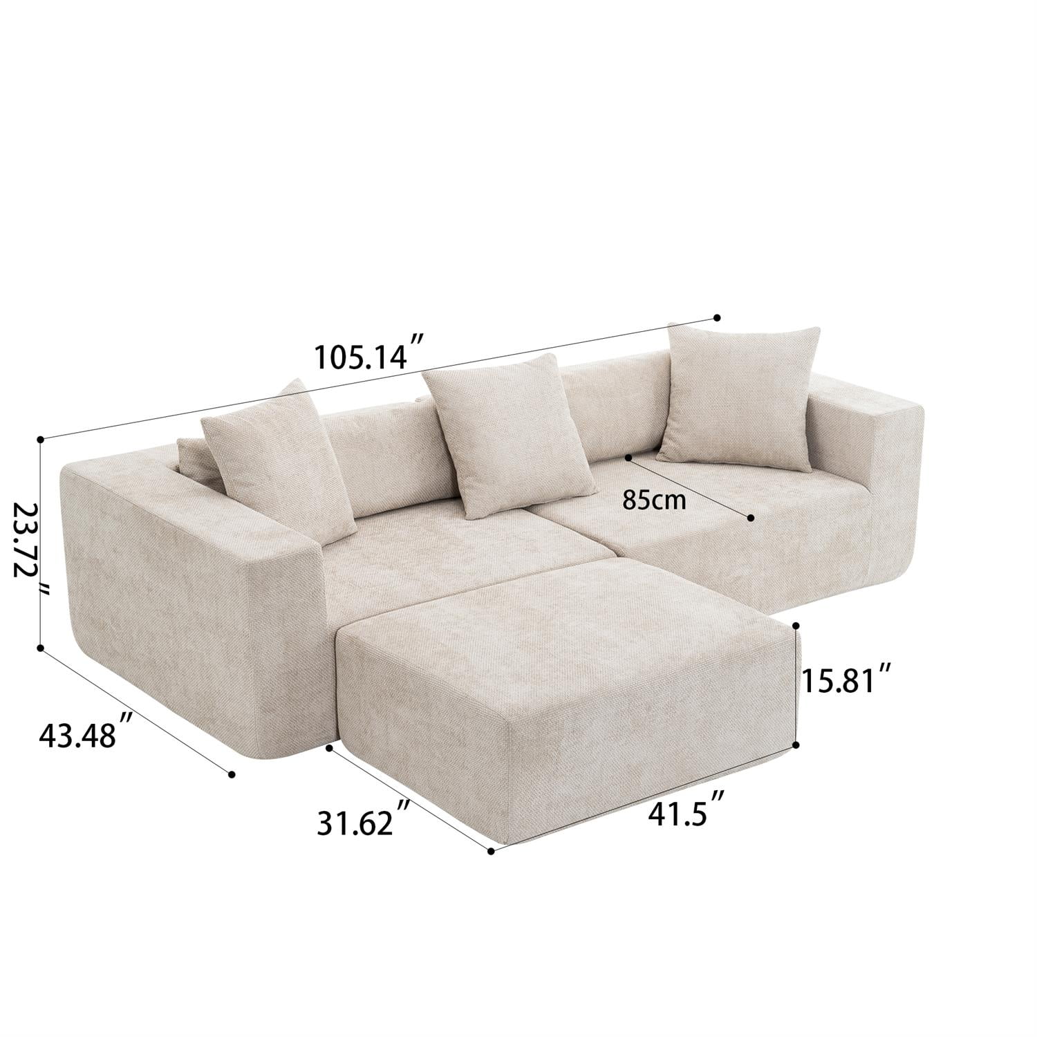 Demi Bonn 105" L-Shaped Modular Sofa Set, Soft Chenille Fabric Cloud Couch Lounge Chair for Living Room, Bedroom, No Installation Needed, Beige