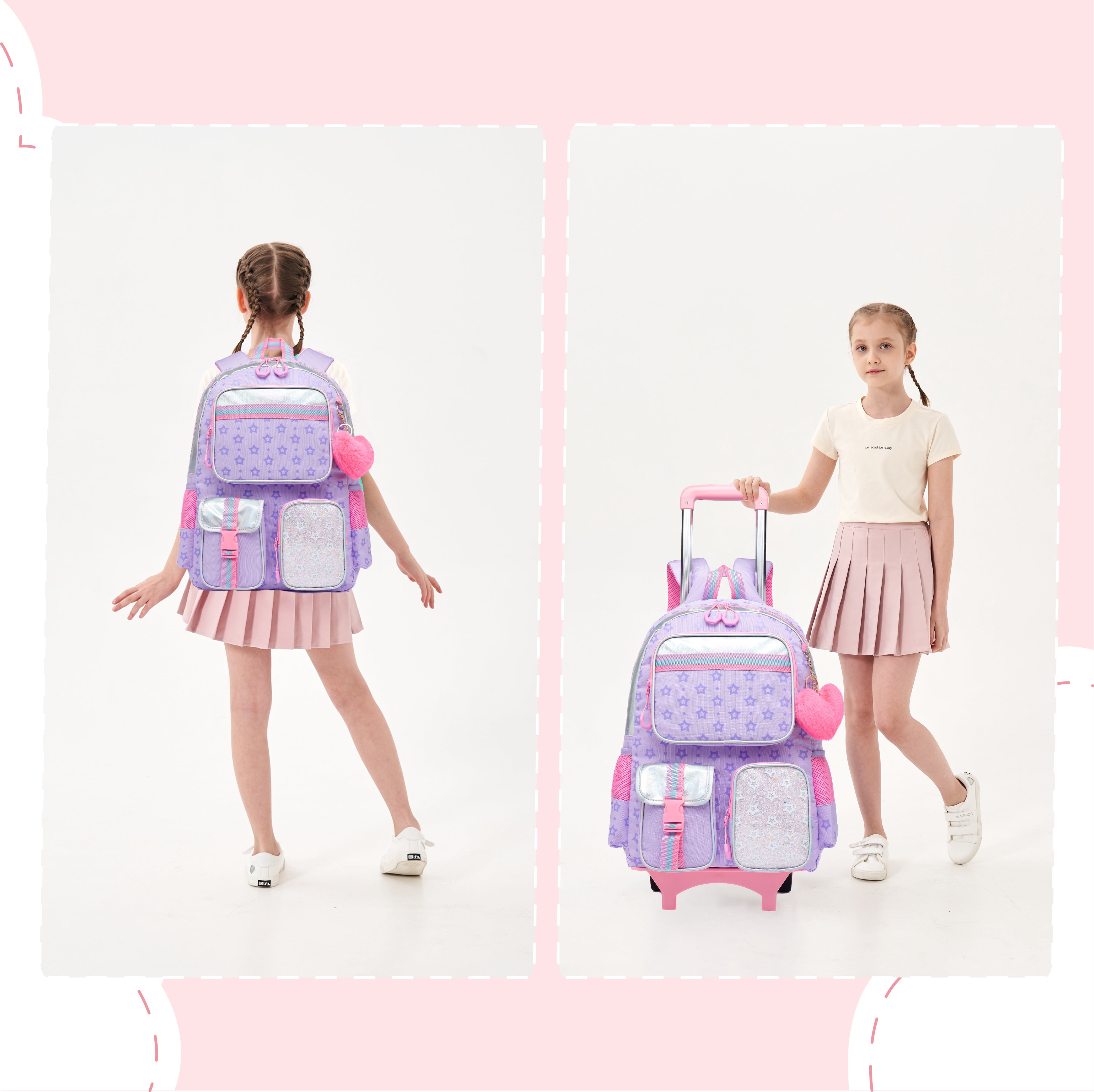 Kids Rolling Backpacks for Girls with Wheels Roller Backpack with Lunch Bag Pencil Case for Elementary Students Bookbag for 6-12 Years Old
