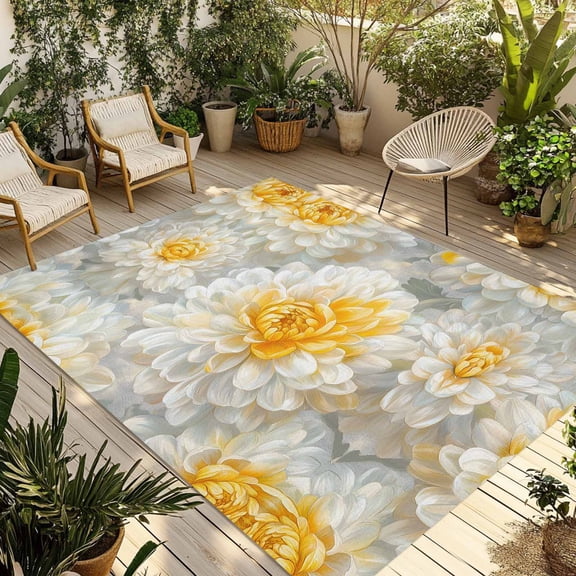 Fsddascl Yellow White Floral Outdoor Rug for Patio/Deck/Porch, Non-Slip Large Area Rug 5 x 8 Ft, Spring Botanical Watercolor Flowers Indoor Outdoor Rugs Washable Area Rugs, Camping Rug Carpet
