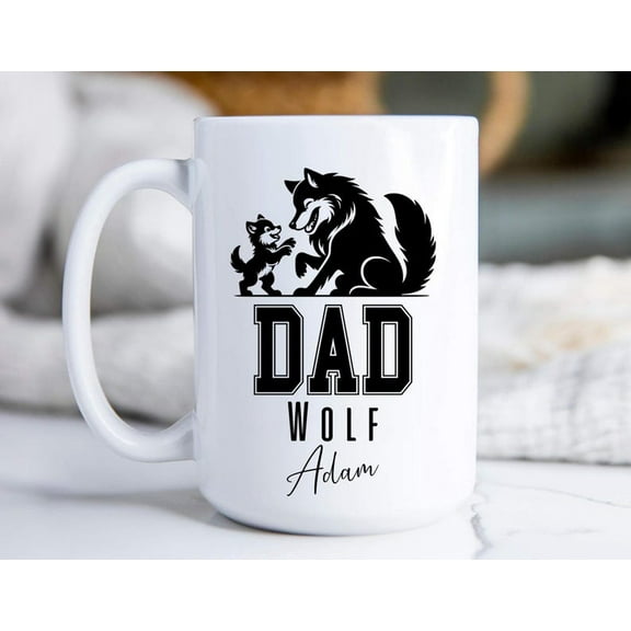 Dad Wolf Mug, Personalized Name Coffee Cup, Dad Gift Idea, Father's Day Present, Customizable Ceramic Drinkware, Ceramic Mug 11Oz