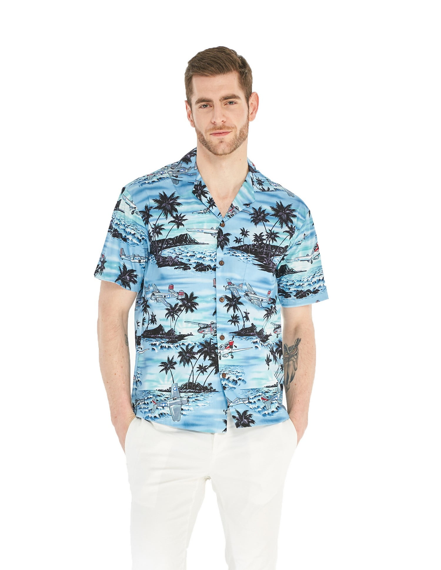QHF Men Summer Men Shirt Sleeve Cotton Fashion Hawaiian Tropical Short Sleeve Shirt