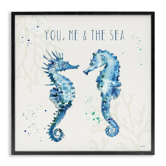 Stupell Industries You Me and the Sea Quote Seahorse Blue Green Watercolor Framed Wall Art Design by Anne Tavoletti, 12" x 12", Black Framed