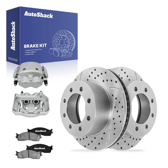 AutoShack Front Vented Drilled & Slotted Silver Zinc Coated Brake Rotors   Ceramic Pads   Calipers 8-PC Brake Kit Replacement for 2006-2008 Dodge Ram 1500 SilverShield Pro 13.91" (353.3 mm)