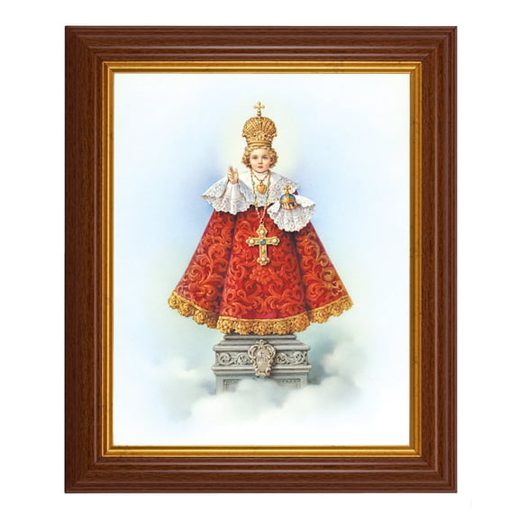 Infant of Prague Picture Framed Wall Art Decor, Large, Traditional Dark Walnut Fluted Frame with Gold Beaded Lip