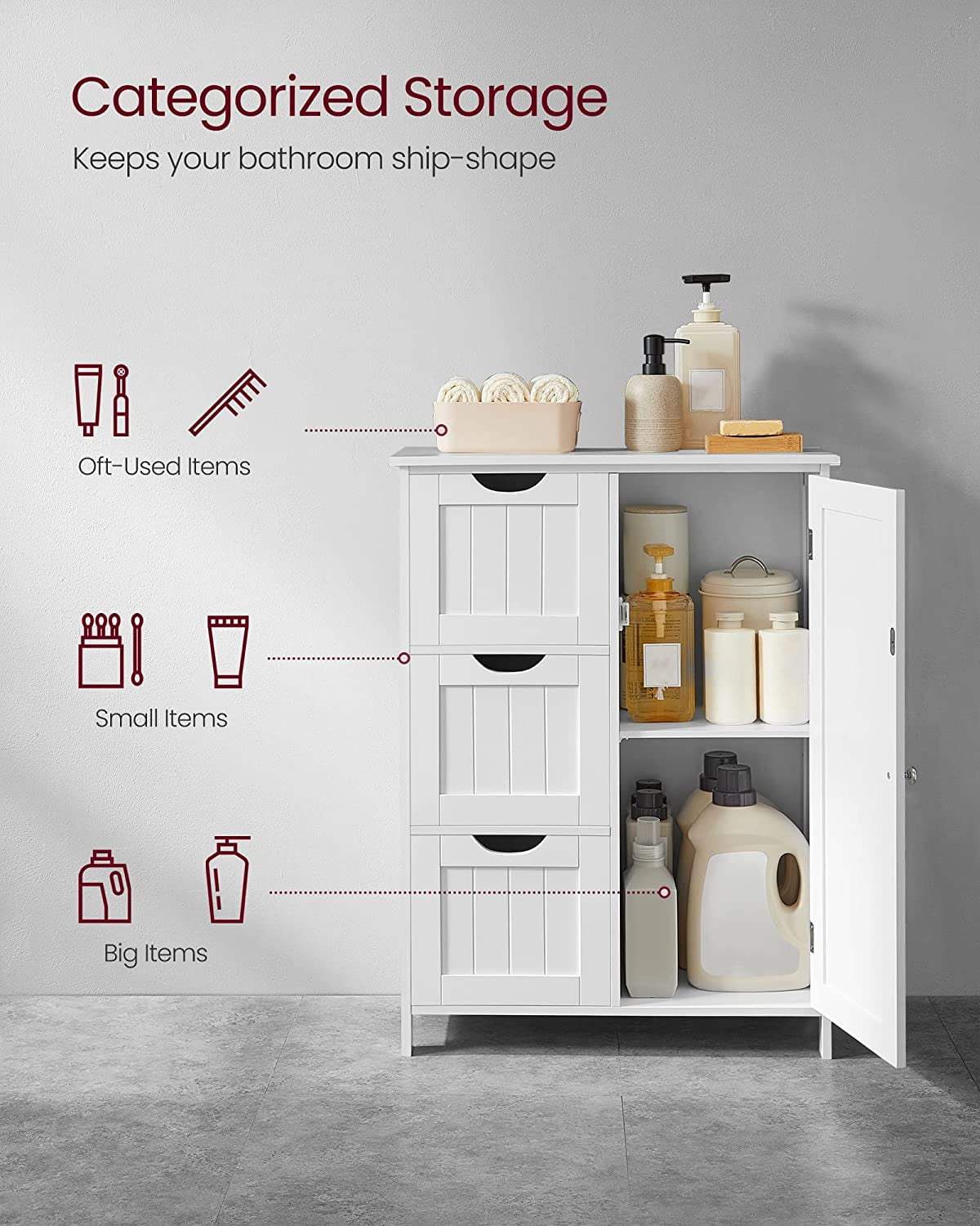 Floor Storage Cabinet, Freestanding Storage Unit with 3 Drawers, 1 Adjustable Shelf, White