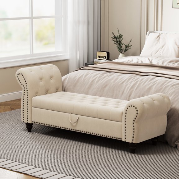 Modern Storage Bed Bench For Bedroom - Velvet Chaise Lounge, Beige Lounge