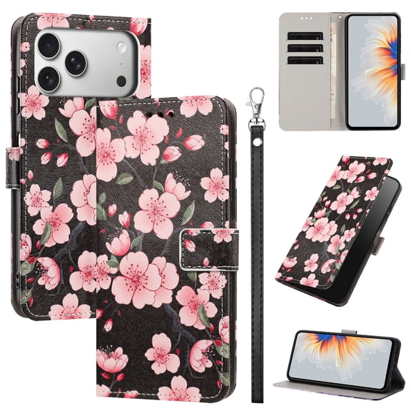 PU Leather Wallet Case for iPhone 17 Pro with Pattern Design, Built in Kickstand Card Slots Wrist Strap Drop Protective Phone Cover for iPhone 17 Pro, G