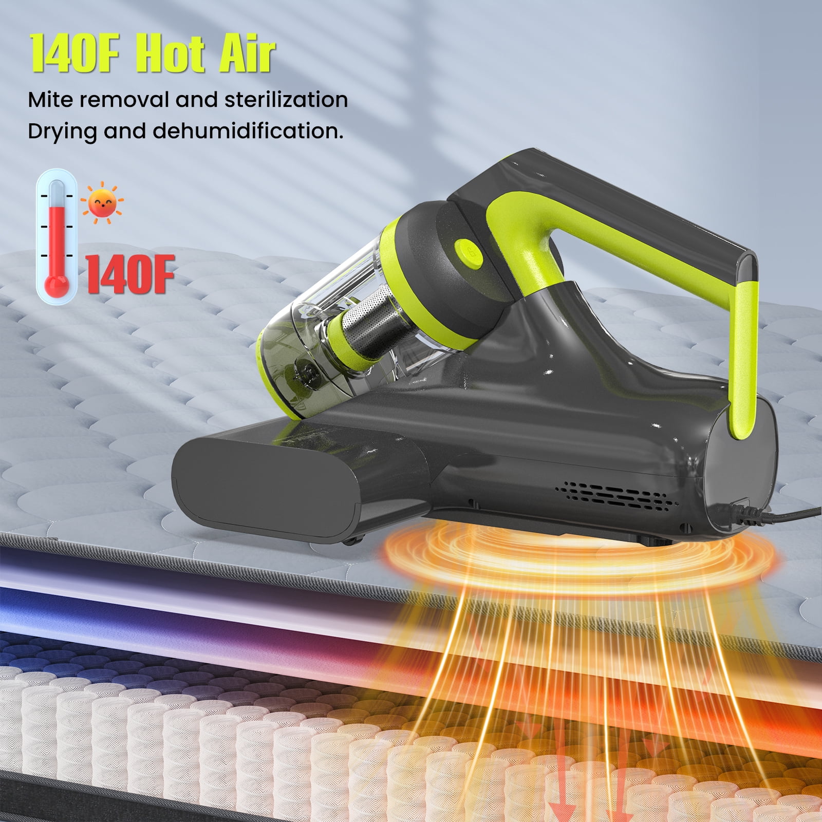 Mattress Vacuum Cleaner, 15Kpa Powerful Suction Bed Vacuum Cleaner with 273nm UV-C Lamp, 140°F Heating Function, Ultrasonic High Impact, with HEPA Filter