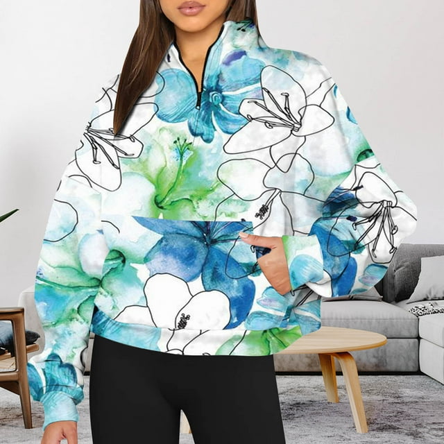 2023 Chandail à Capuchon Surdimensionné pour Femmes Mode Automne Hiver Imprimé Floral Décontracté Sport Col Rond Survêtements Manches Longues Col à Revers Fermeture Éclair Chandails à Capuchon Costumes Halloween/noël 50 % de Rabais Liquidation