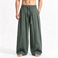 thumbnail image 2 of Mens Big and Tall Linen Pants Wide Leg Baggy Pants Elastic Waist Casual Summer Beach Palazzo Trousers Size M-5XL Green, 2 of 5