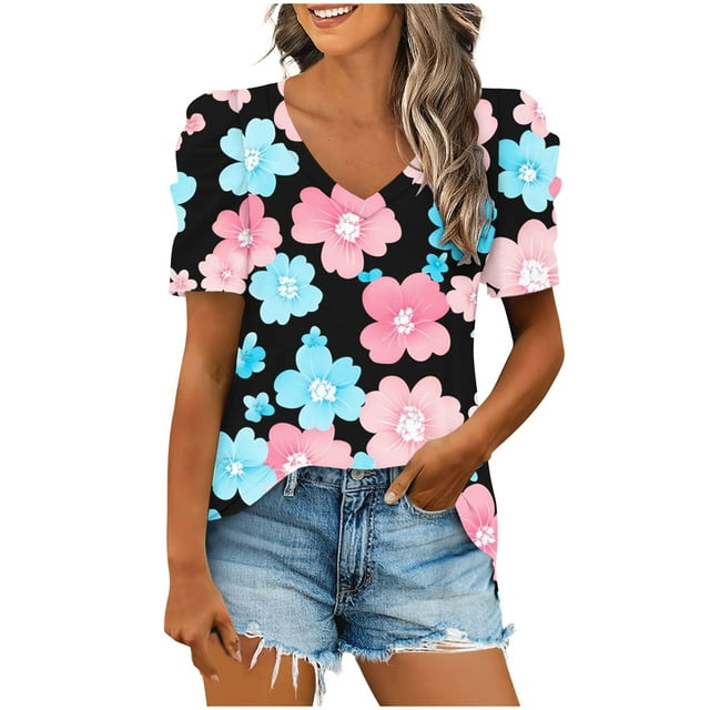 Blusas de Manga Corta para las Mujeres, Blusa de Camiseta Suelta Casual Hecha de Tela Cómoda para Todo el Uso Diario de Temporada, Blusas para las Mujeres Casual
