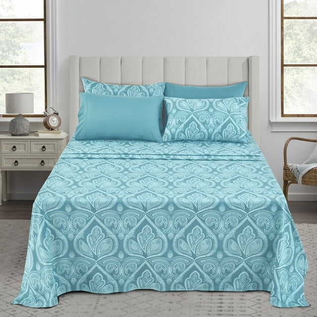 Lux Decor Collection 6 Piece Paisley Printed Sheets set, King Size Bed Sheets- Microfiber Blue Sheets