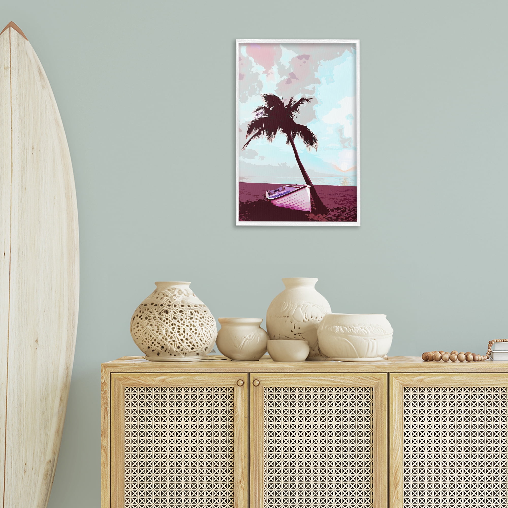 Stupell Industries Boat & Palm Tree Landscape Painting White Framed Art Print Wall Art, 16 x 24