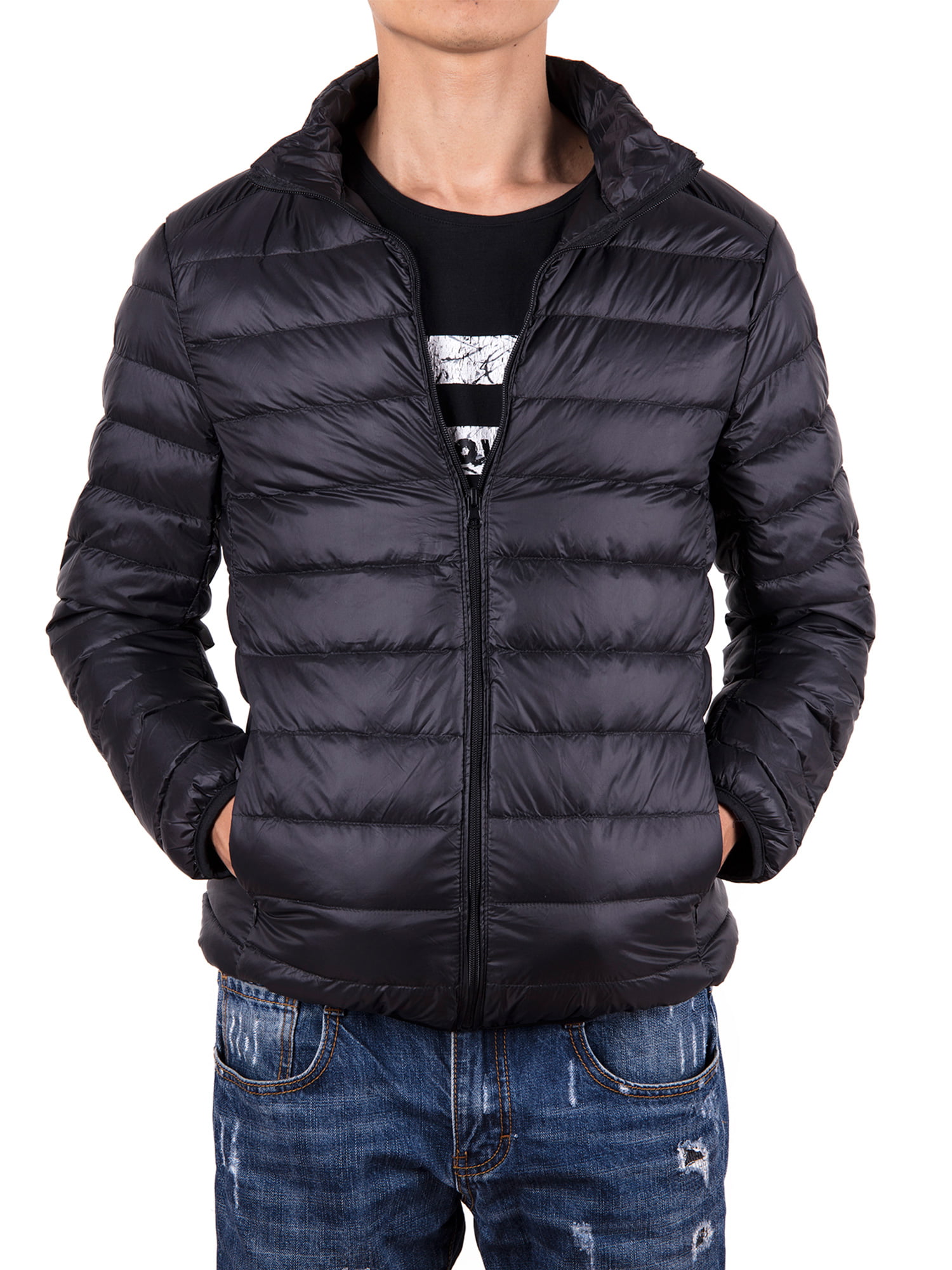 Men Down Jacket Outwear Puffer Coats Casual Zip Up Windbreaker Lightweight Winter Jackets Black