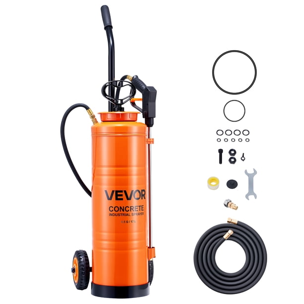 Pulverizador industrial VEVOR, gran capacidad de 4.5 galones, pulverizador de hormigón de acero inoxidable con mango ergonómico y carro extraíble, manguera de 48" y 120"
