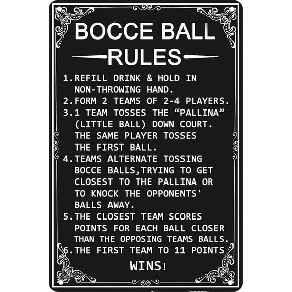 Tin Sign-Bocce Ball Rules Funny Tin Sign - Scoring Rules Decor for Home, Cafe, Man Cave. 8x12 Inch