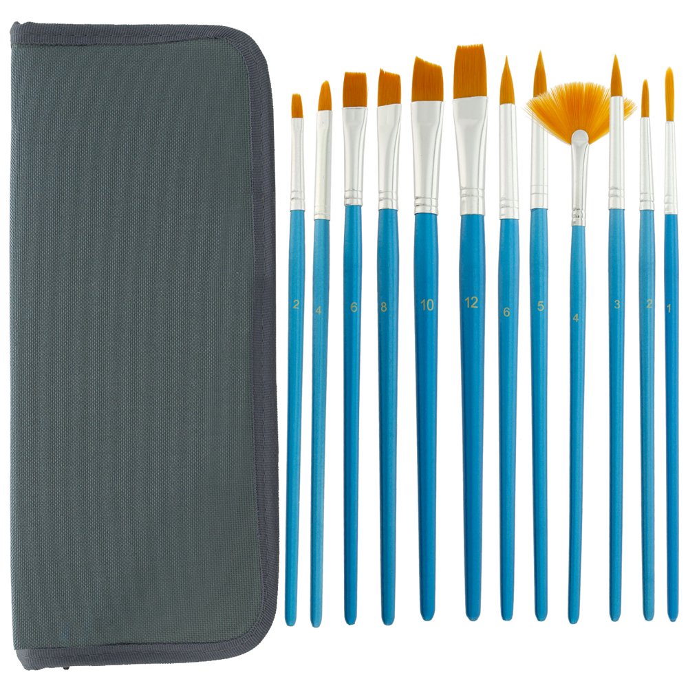 U.S. Art Supply 12Piece Short Handle Nylon Hair Artist Paint Brush Set Blue Handle with Carry