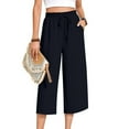 thumbnail image 5 of Womens Linen Cropped Pants, Drawstring High Waisted Wide Leg Casual Loose Capris Trousers with Pockets Beach Vocation Clothes Navy M, 5 of 9