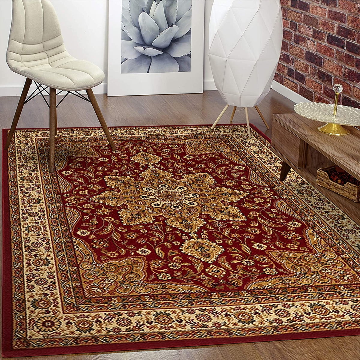 Area Rug Beige Oriental Style Floor Carpet Small Large Sizes Low Pile 
