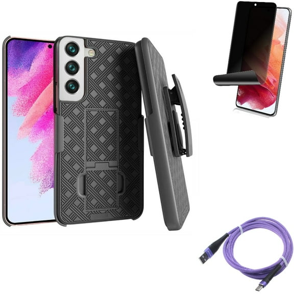 Privacy Screen Protector & 10ft USB Cable & Case Belt Clip for Samsung Galaxy S22 (6.1") - TPU Film Fingerprint Works & Purple Type-C & Holster Swivel Accessory Bundle