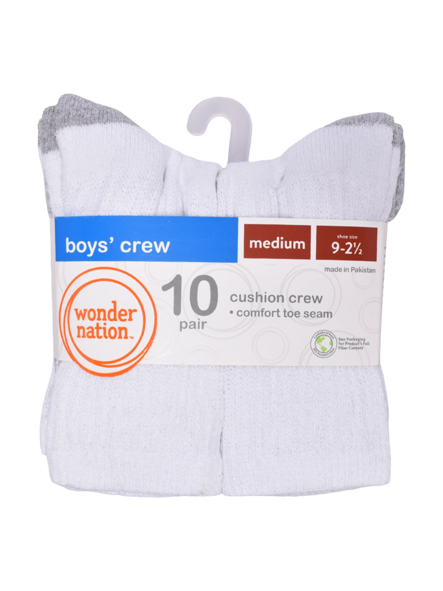 Wonder Nation Boys Cushioned Crew Socks, 10-Pack Sizes S (4-8.5) - L (3-9)