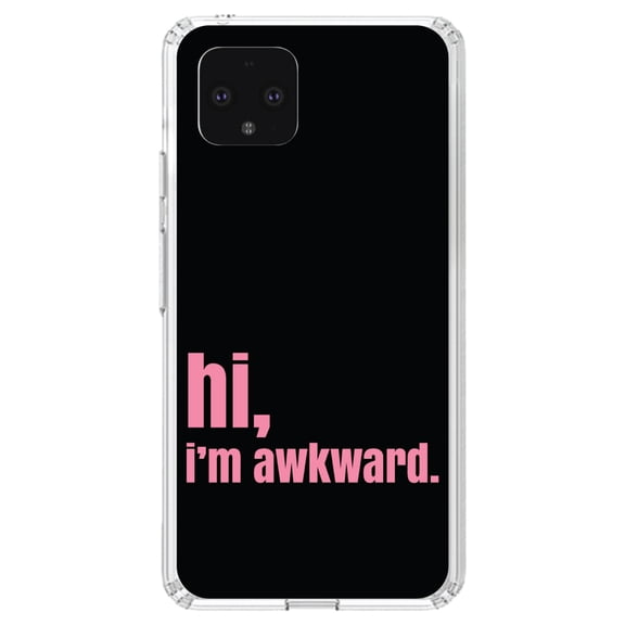 DistinctInk Clear Shockproof Hybrid Case for Google Pixel 4 XL (6.3" Screen) - TPU Bumper, Acrylic Back, Tempered Glass Screen Protector - Black Pink "hi, I'm awkward."