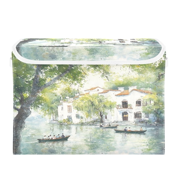 WOBOGO Jiangnan Scenery Large Collapsible Storage Box Flip Lid Fabric Decorative Organizer Container Basket with Handles 16.5×12.6×11.8in