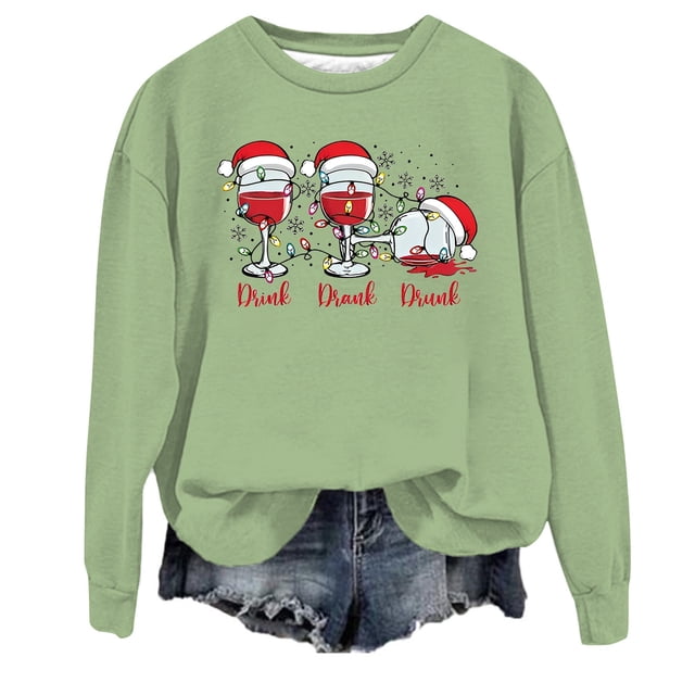 WEAIXIMIUNG Sweatshirts Courts pour Femmes Plus Femmes Décontracté Col Rond Noël Verre Neige Chapeau de Noël Imprimé Hoodie