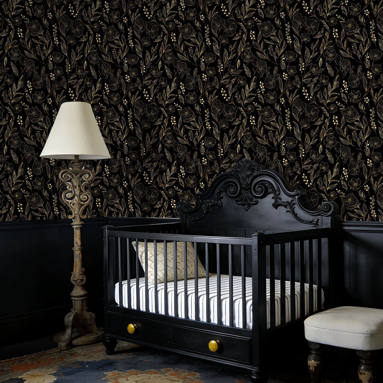 Peel and Stick Wallpaper Baroque Elegant Floral Gold Black Botanical Elements Wall Mural 23.6in x 9.8ft Self Adhesive Removable Wall Paper Renter Friendly Wallpaper for Nursery Bedroom Cabinets