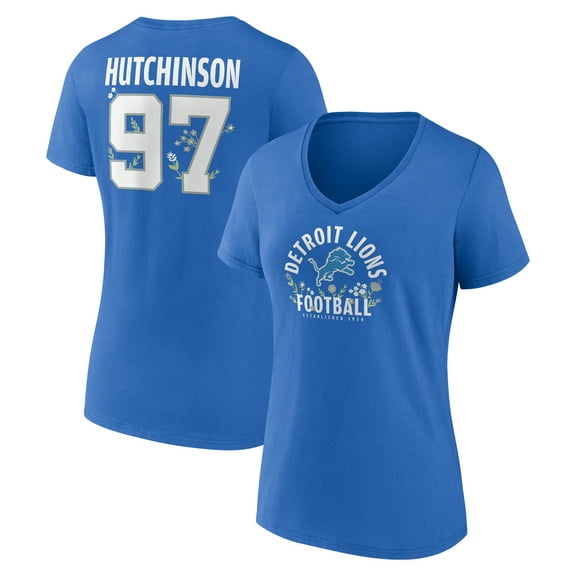 Women's Aidan Hutchinson Blue Detroit Lions Floral Name & Number V-Neck T-Shirt