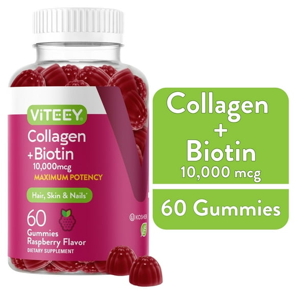 VITEEY Collagen and Biotin Gummies, Hair Skin and Nails Vitamins, Raspberry Flavor, 60 Ct