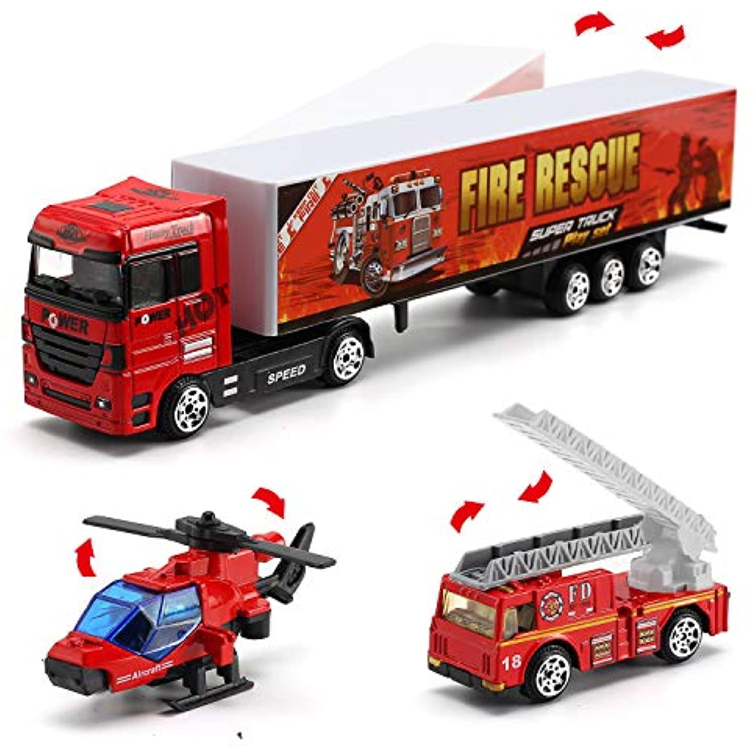 deAO Fire Rescue 35 Piece Emergency Service Alloy Vehicle Fire Fighter Play Set 