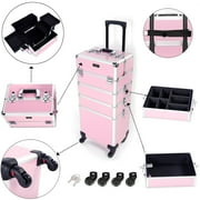 4 in 1 Rolling Makeup Train Case, Professional Aluminum Makeup Travel Organizer Cosmetic Case, Cosmetology Caboodle Case on 360° Wheels, Beauty Storage Luggage Lockable