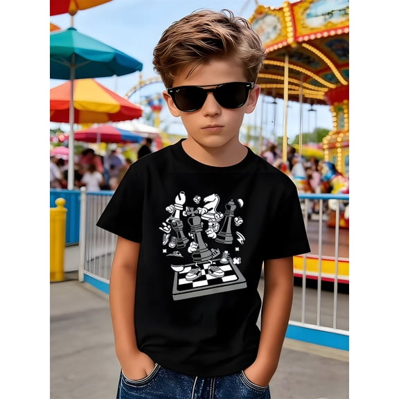 Boy's Cool Cartoon Chess Pieces Board Game Graphic T-Shirt