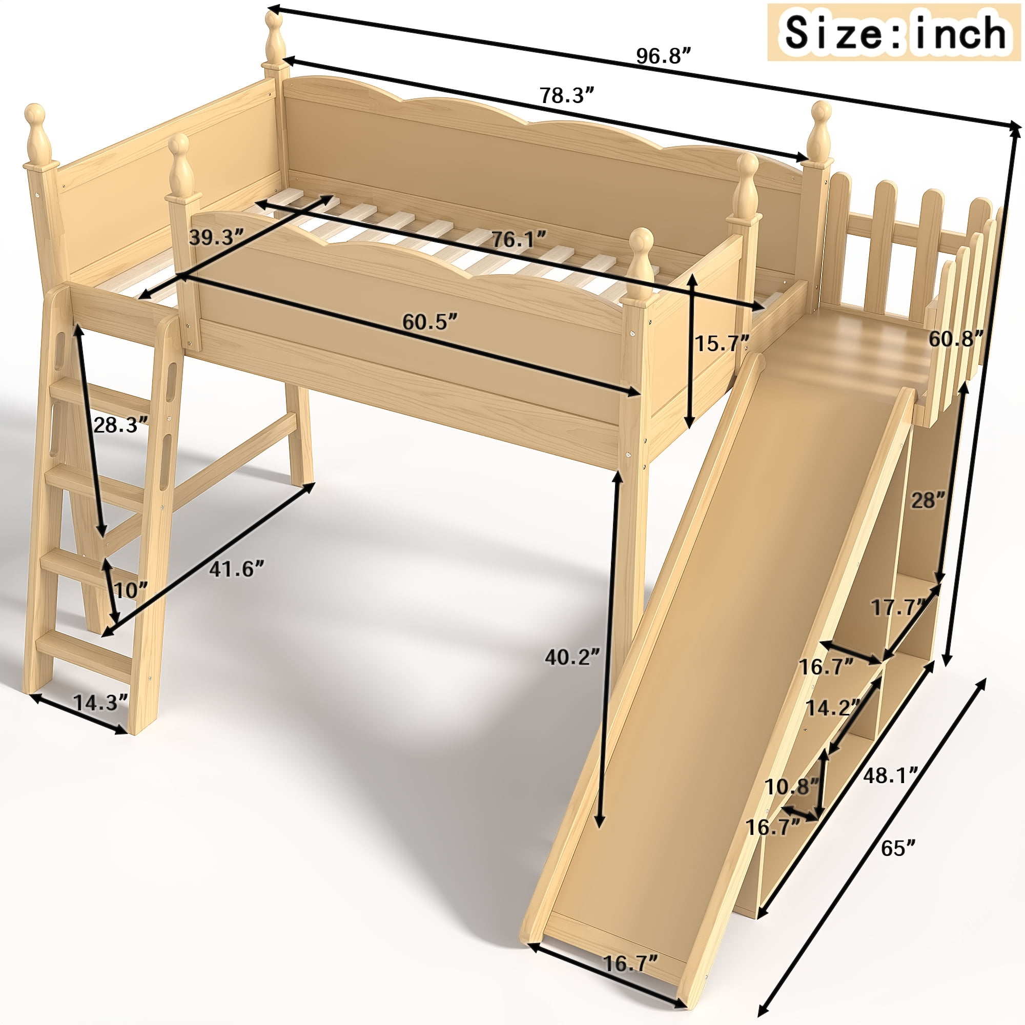 Leumius Twin Loft Bed Frame with Storage Shelves and Wardrobe, Solid Wood Loft Bed with Detachable Slide and Ladders for Kids Teens Adults Natural