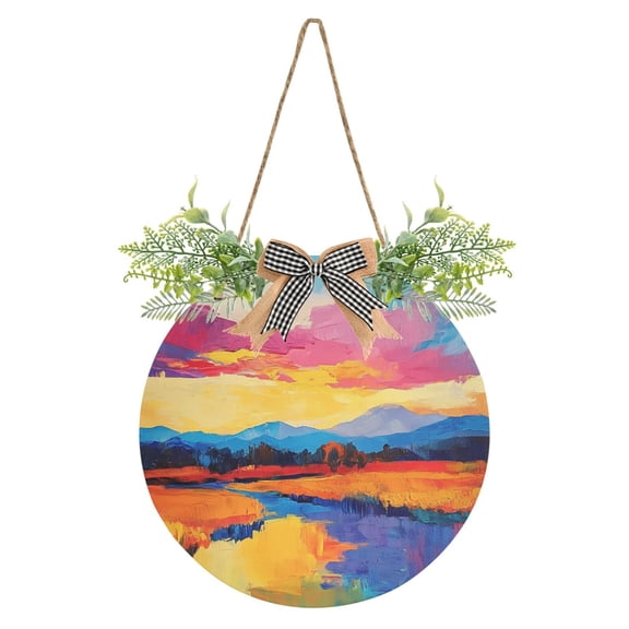 Colored Fields and Skies Front Door Porch Decoration Hanging Sign with Artificial Green Plants and Bow for Home Outdoor Indoor