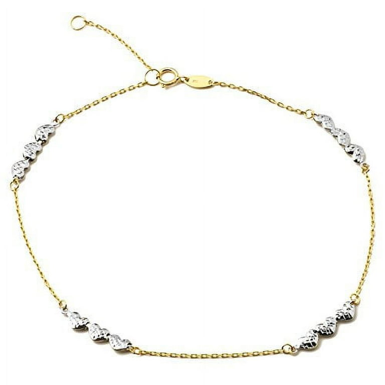 LoveBling 10K Yellow Gold .5mm Diamond Cut Rolo Chain with Reversible Hearts Charm newest Anklet Adjustable 9