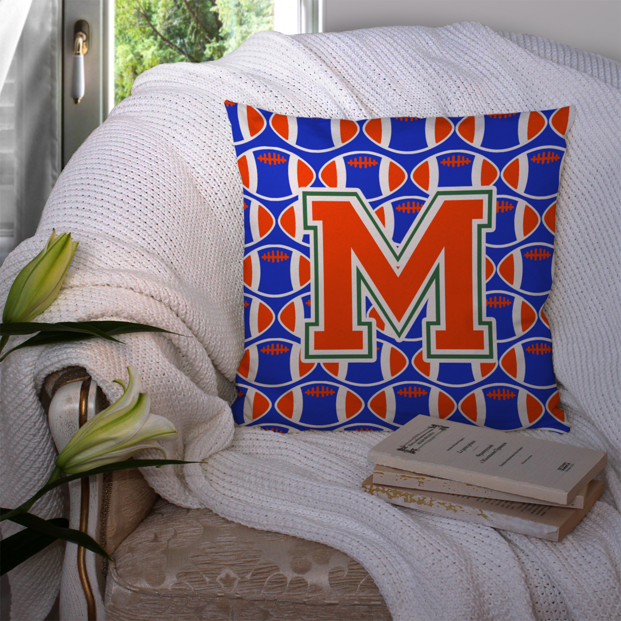 Letter M Football Green, Blue and Orange Fabric Decorative Pillow