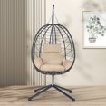 thumbnail image 3 of Beige Rattan Outdoor Hanging Swing Chair with Stand for Balcony and Patio, 3 of 12