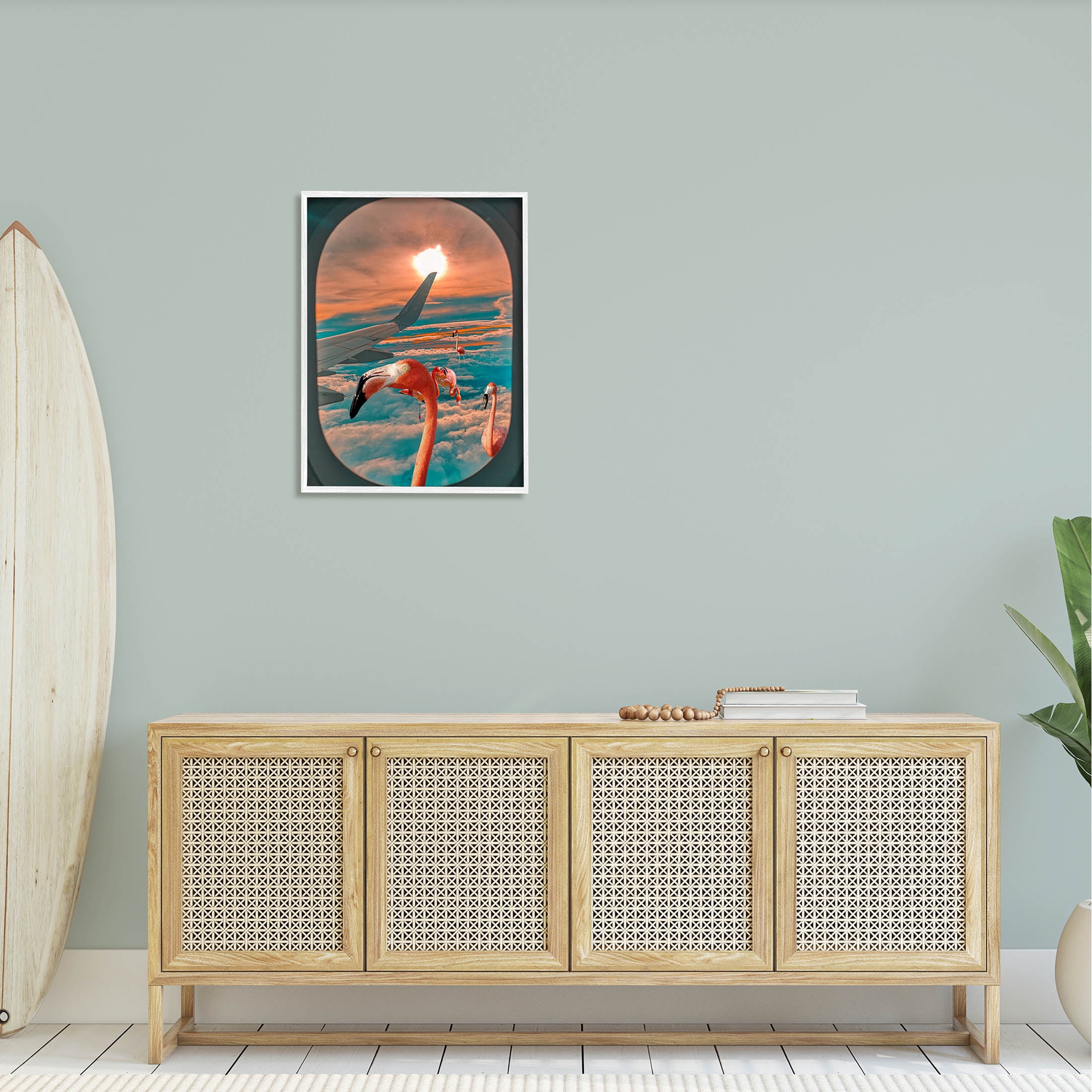 Flamingoes Airplane Window Clouds Animals & Insects Graphic Art White Framed Art Print Wall Art