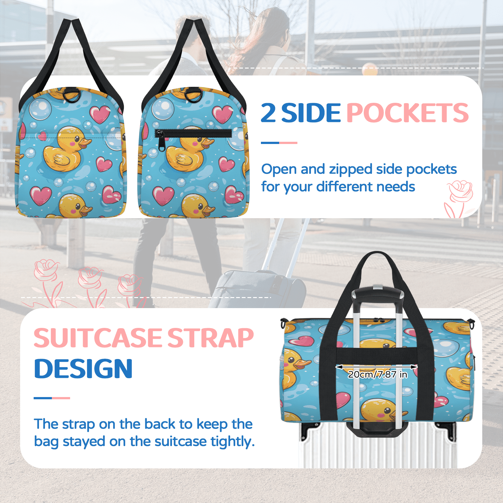 Herdesigns Yellow Duck Gym Bag for Women, Duffle Bag for Travel Sport, Cute Love Lightweight Waterproof Carry on Weekender Dance Yoga Workout Bags
