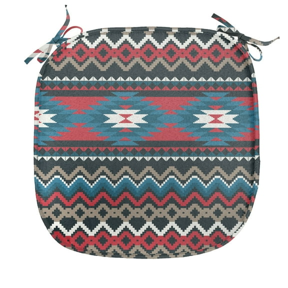 Antique Chair Seating Cushion Set of 6, Prehistoric Style Folkloric Striped Design Antique Mayan Patterns, Seat Pads for Office with Anti-slip Backing, 16"x16", Black Blue Coral, by Ambesonne