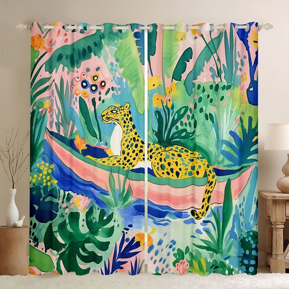 Feelyou Cartoon Leopard Cheetah Blackout Curtains Set of 2 (52x84 Each), Palm Leaves Botanical Window Curtains, Kawaii Jungle Animal Curtains and Drapes, Black Out Curtains Decor