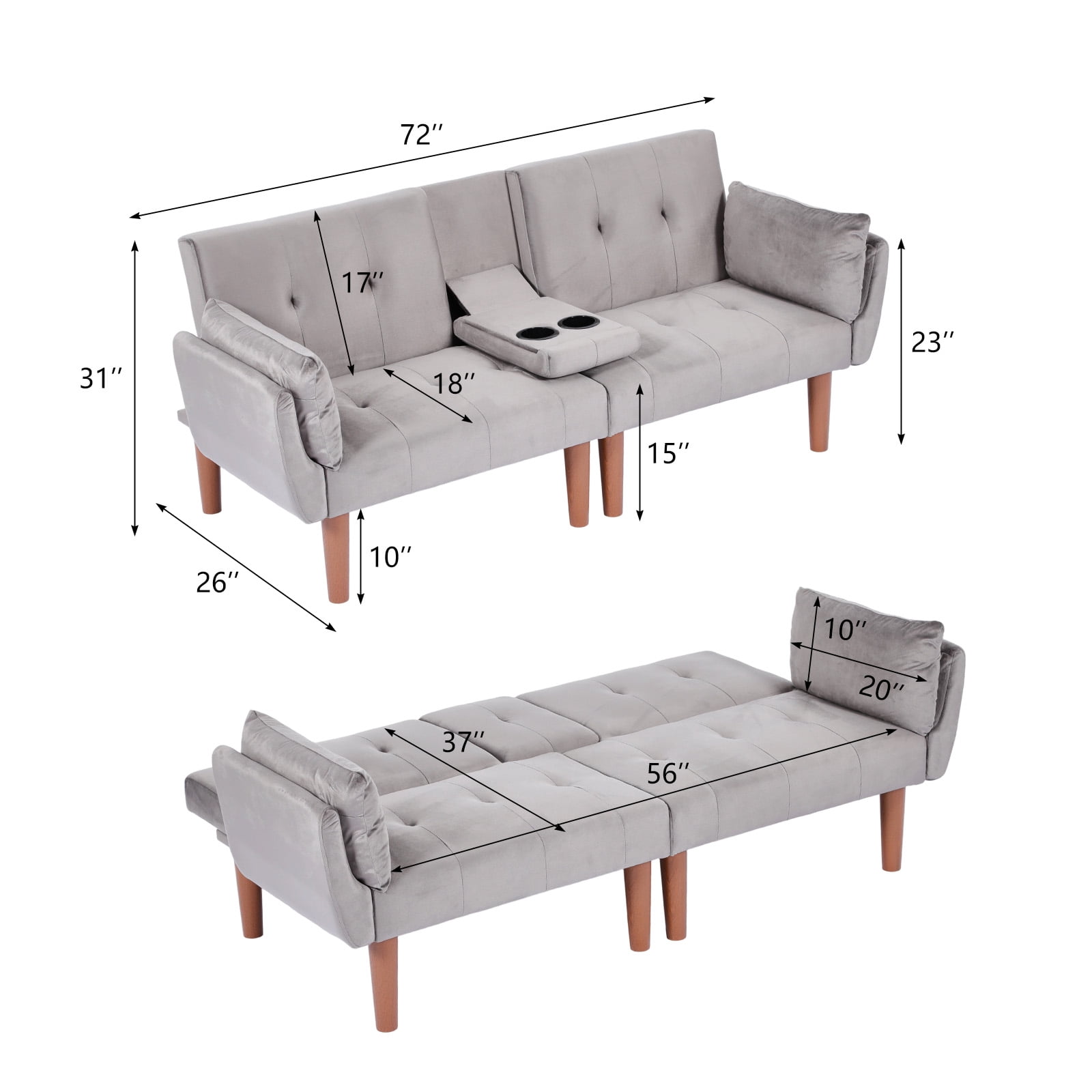 Leumius 72 Inch Futon Sofa Bed,Velvet Futon Couch with Adjustable Backrest and Cupholders,Suitable for Apartment,Living Room,Small Space,Dark Gray