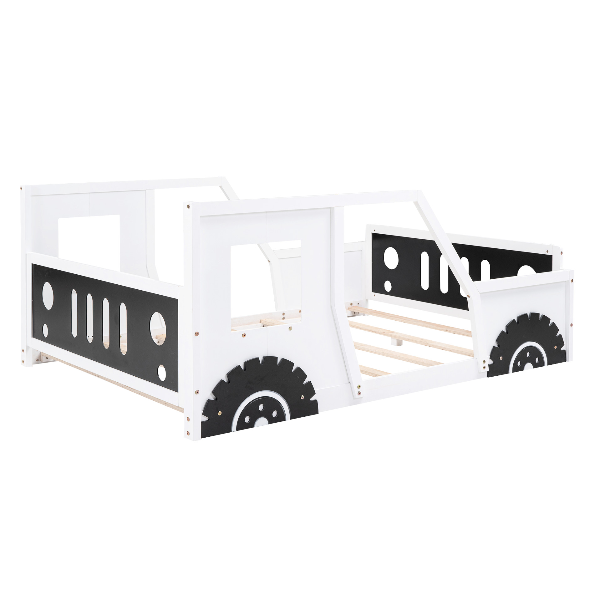 Full Size Car-shaped Platform Bed In White - Constructed With Pine Wood And For Long-term Use Classic Car Wheels, Construction