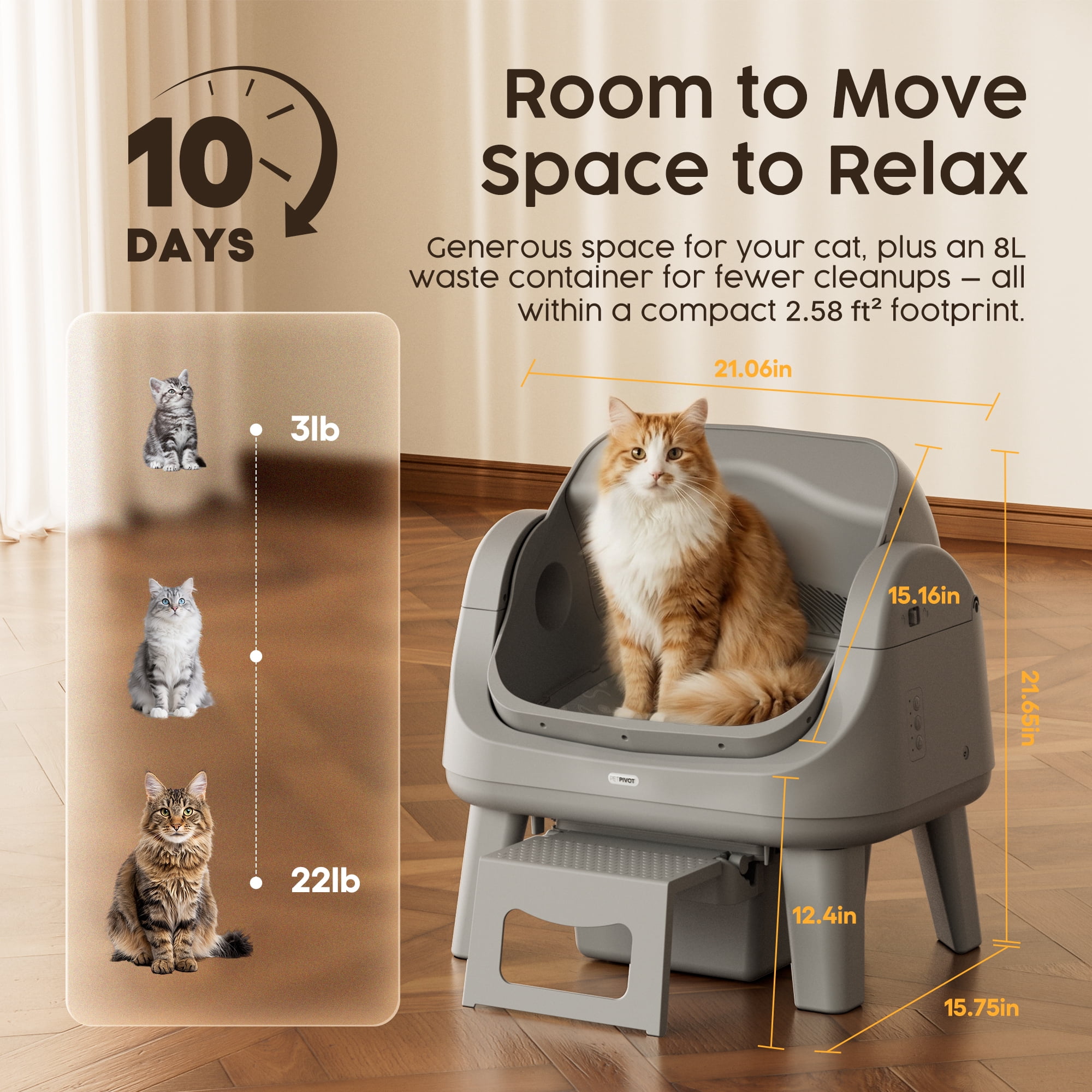 PetPivot AS12 Automatic Cat Litter Box Self-Cleaning with Safety Protection, Liners, Front Entry Step Included, Full Grey