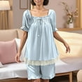 thumbnail image 2 of Ashirexll Two Piece Sets for Women, Fuzzy Pajamas for Women, White Lace Short Sleeve Shorts Pullover Pajama Set Home Clothes, 2 of 5